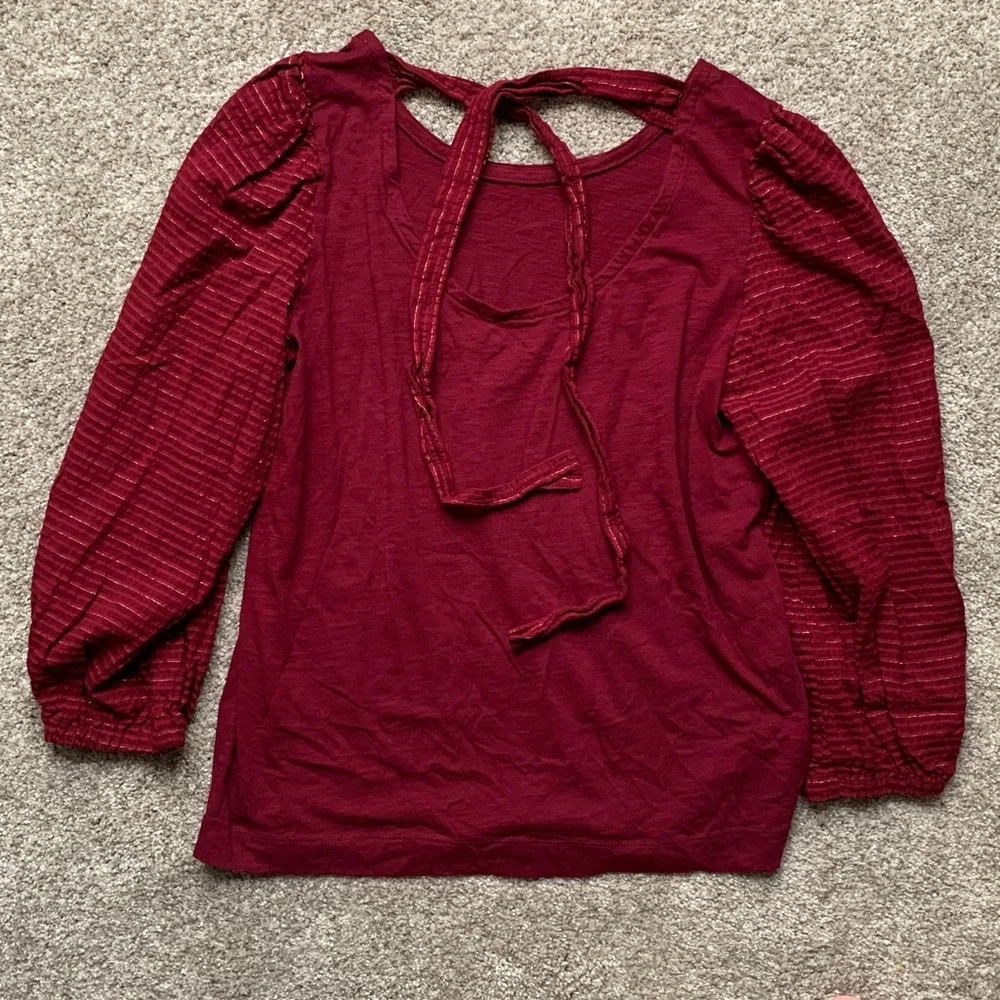 LOFT Women’s Shimmer Tie Back Mixed Media Top Blouson Plum Small